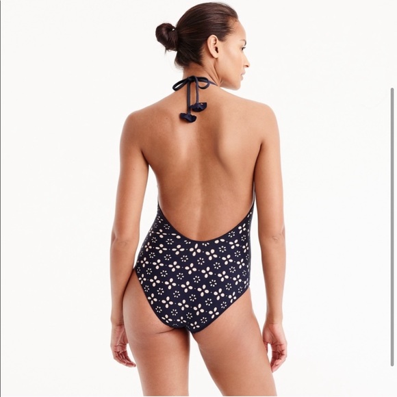 J. Crew Navy Eyelet Lasercut V-Neck Tie One Piece - Picture 3 of 8